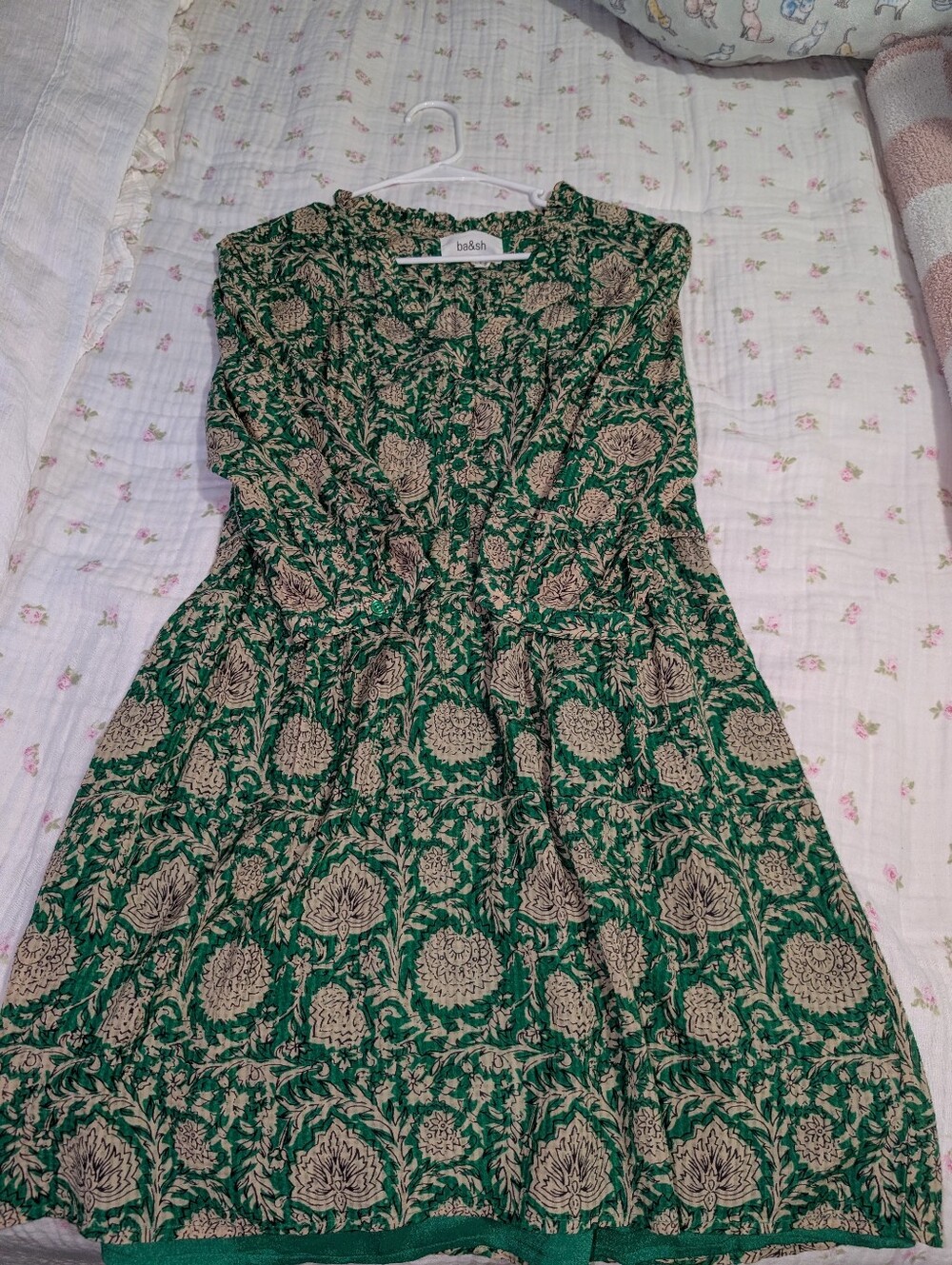 ba&sh Green and Beige Floral Tiered Midi Dress Women's S